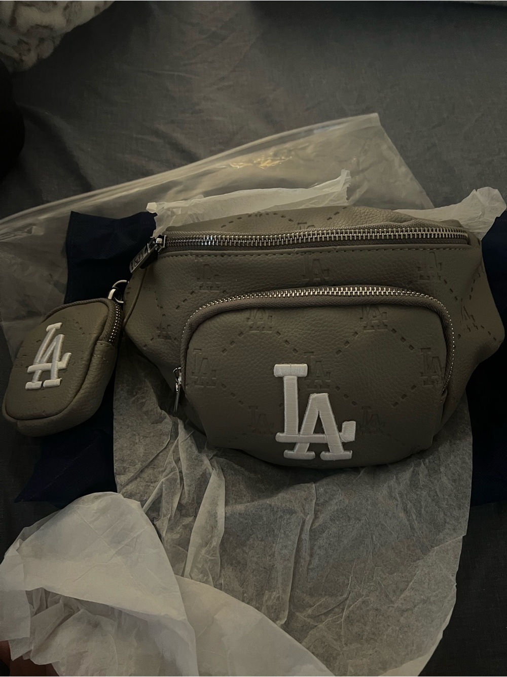 MLB LA Embroidered Logo Mini Bag in a light Gray